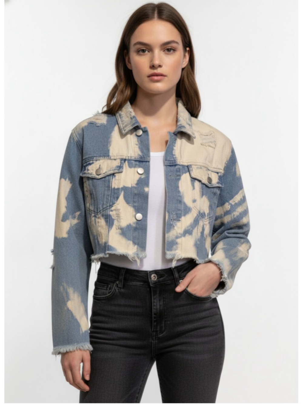 Chrysanthemum Cropped Jean Jacket Size Small Distressed Cropped